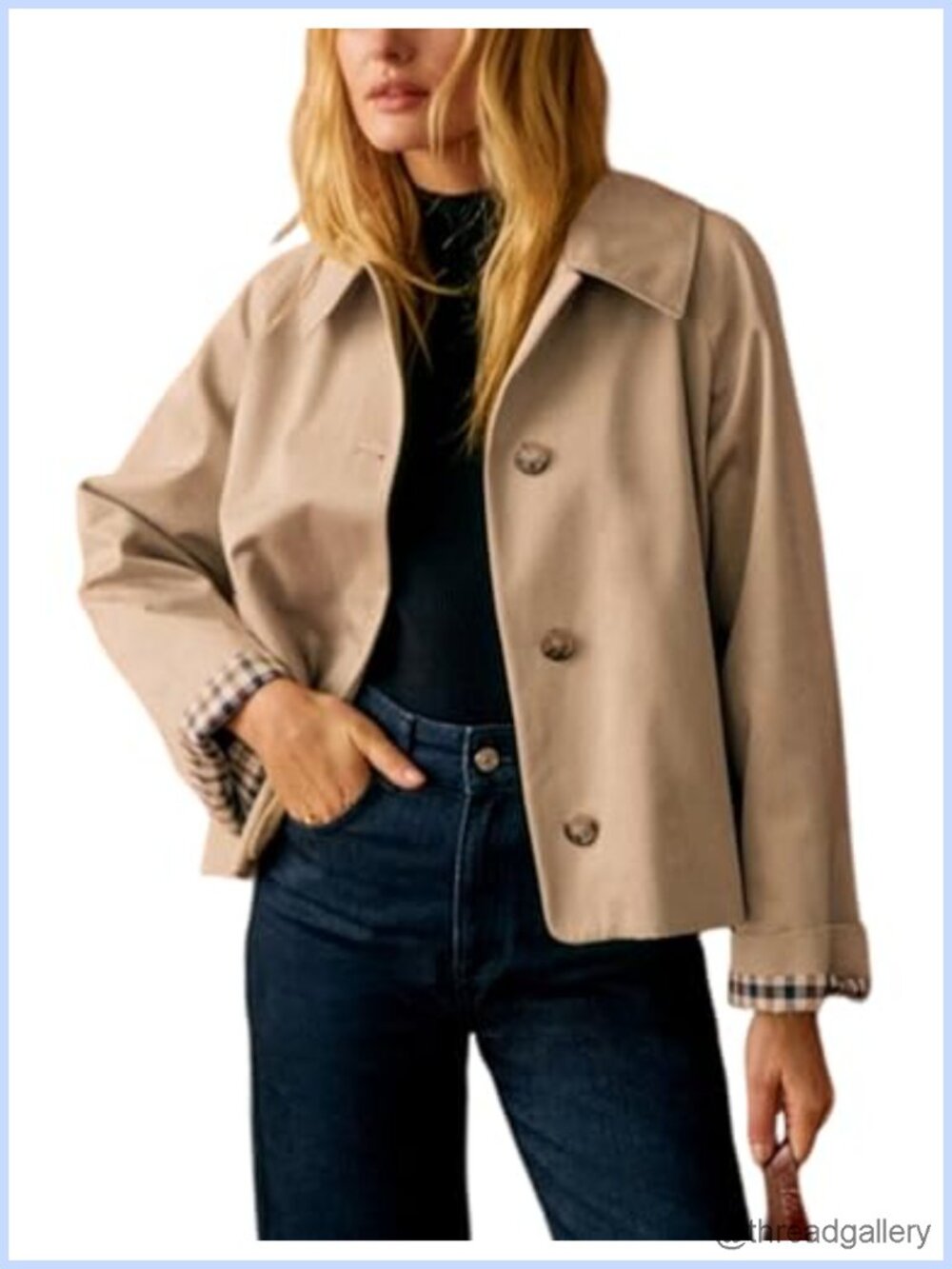 Women Oversize Trench Coat Plaid Lining Lapel Button Down Casual Crop Jacket